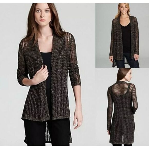 Eileen Fisher Cardigan Women Medium Cotton Linen Brown Metallic Open Knit Hi/Low - Picture 5 of 10